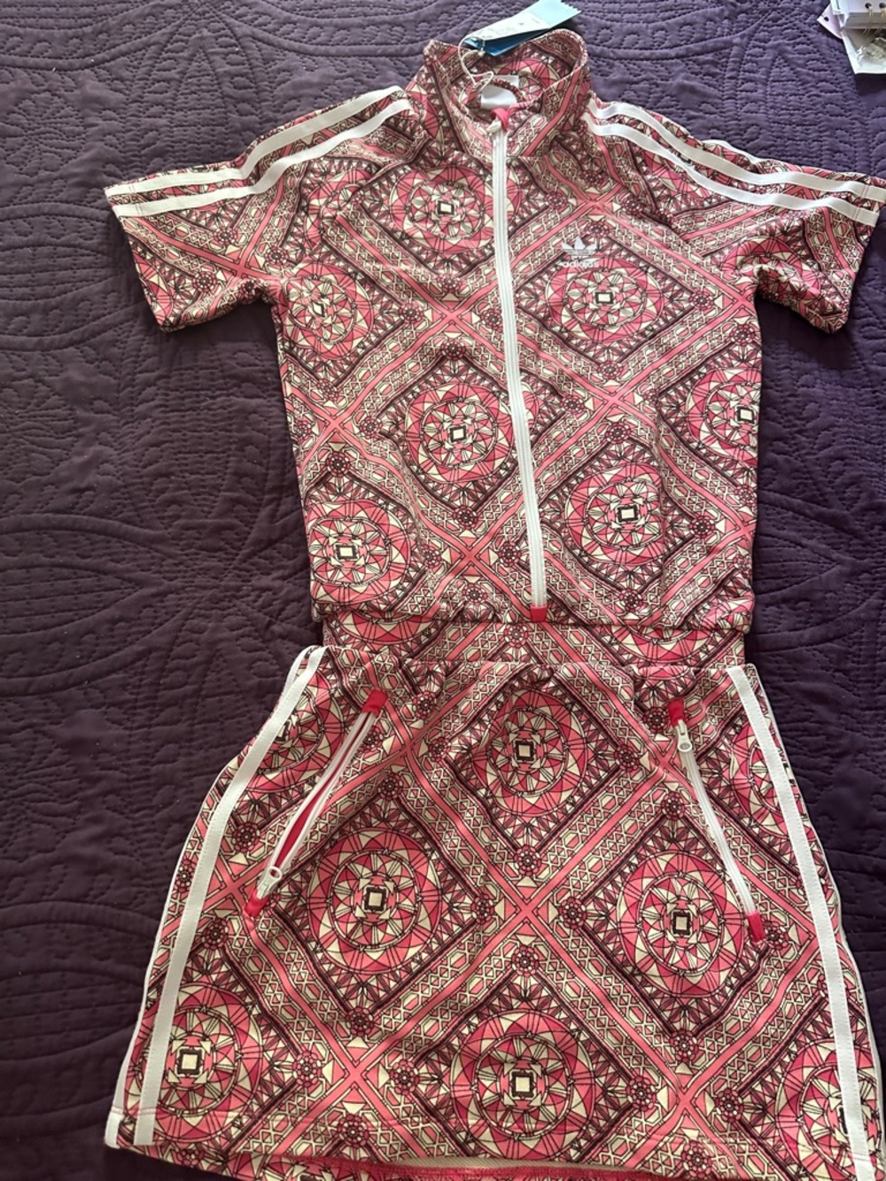 adidas Pink Patterned junior Casual Dress with White Trim